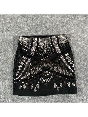 Express Skirt Black Beaded Sequin Scalloped Hem Size 8 / 14 Glitter Punk Goth AE